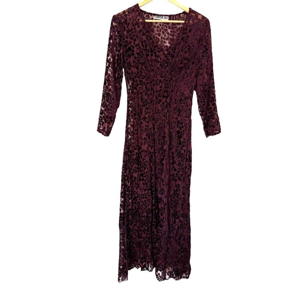 Vintage 1990s Caren Joy Burgundy Laser Cut Floral Velvet Witch Sheer Maxi Dress